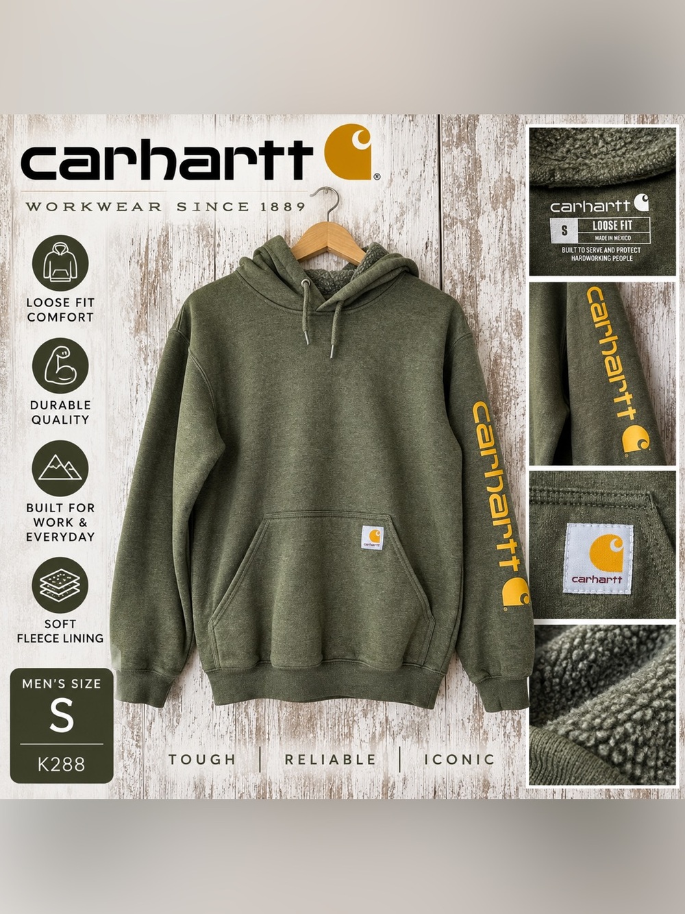 Carhartt K288 Logo Loose Fit Hoodie Sweatshirt Olive Green Menโs Small